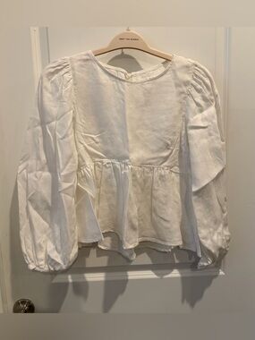 Reformation Cream Linen Peplum Long-Sleeve Blouse